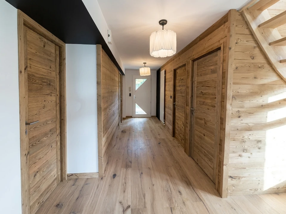 Intérieur moderne de maison ou appartement en cours de visualisation 3D : vue d'une main tenant une tablette ou une personne portant un casque de réalité virtuelle, observant la projection ou l'interface d'un modèle 3D d'intérieur rénové en temps réel. La scène montre clairement la technologie de visualisation en action, avec un décor intérieur moderne partiellement construit ou en avant-plan, illustrant la fusion entre la vision numérique et l'espace réel de la rénovation.